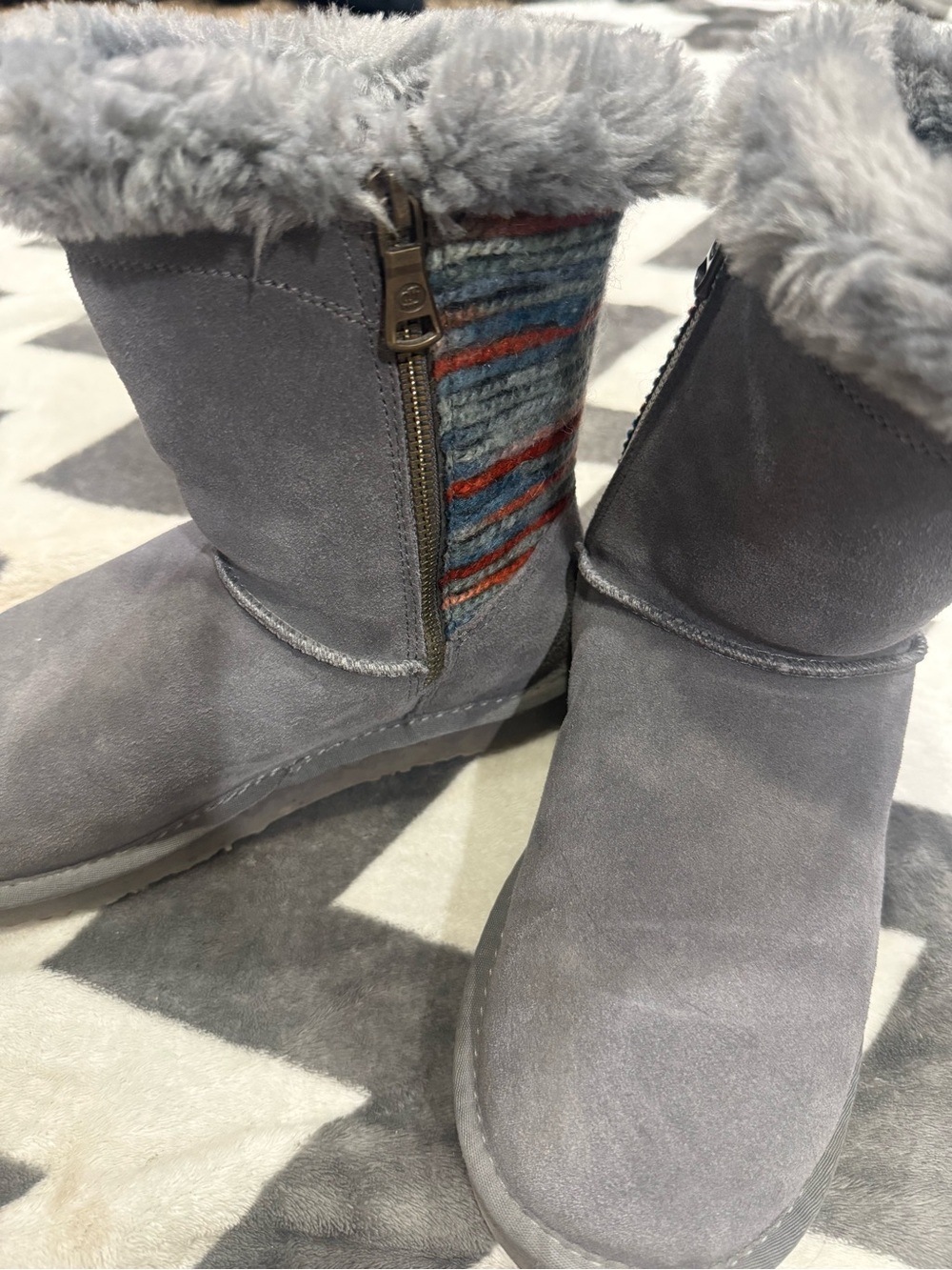 Lamo Women's Gray Faux Fur Winter Boots with Patterned Side Panel